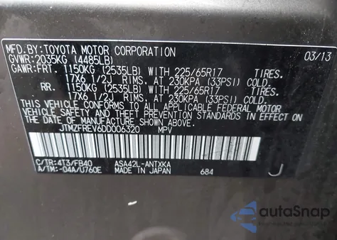 2013 Toyota Rav4 Le из США, поврежденный, VIN JTMZFREV6DD006320